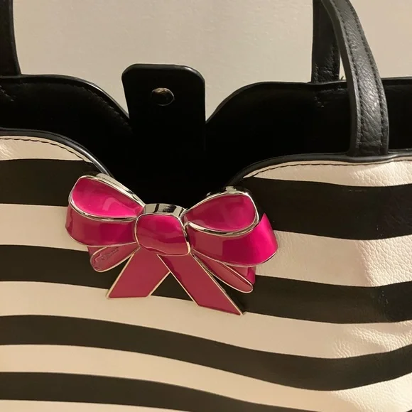 Betsey Johnson Black and White Striped Tote Bag with Pink Bow - Picture 2 of 4